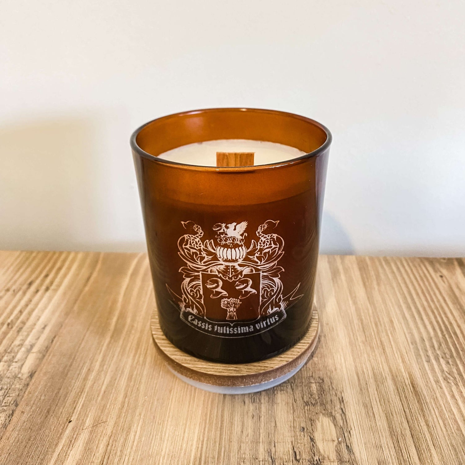 An example custom branded candle that we can etch for our wholesale customers.