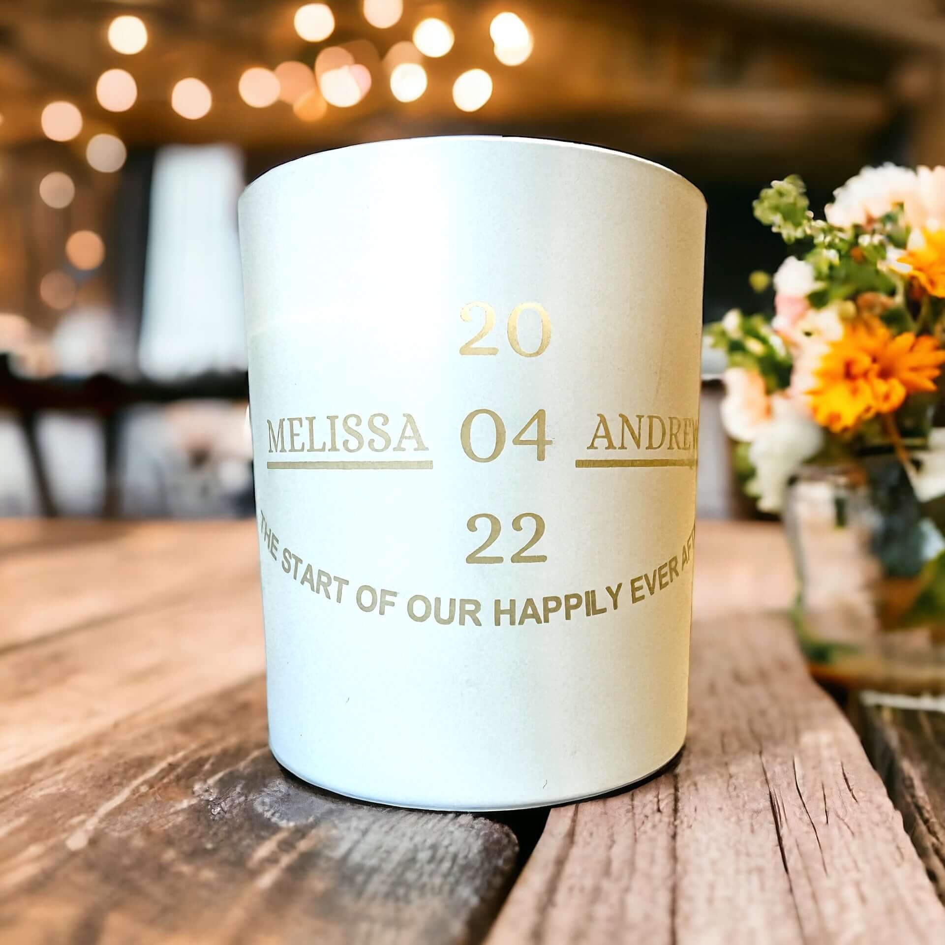 An example personalised wedding candle featuring our date design.